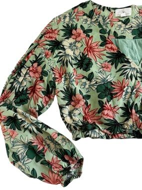 Lost + Wander Boho Green Pink Floral Crop Long Sleeve Top Festival Blouse Medium